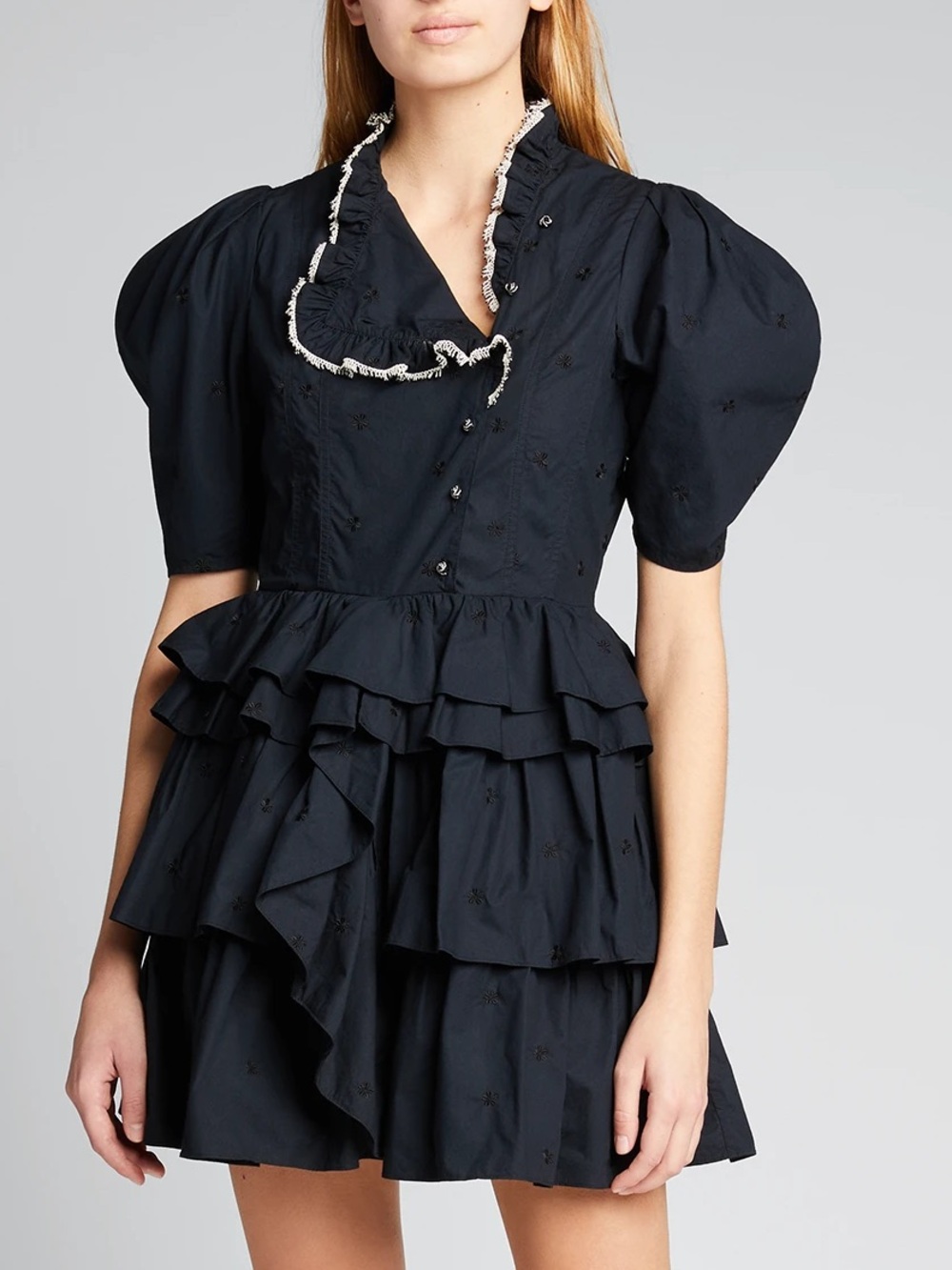 Ulla Johnson Linnea Tiered Embroidered Cotton-Poplin Dress in Obsidian